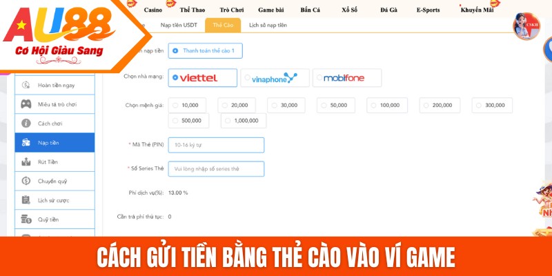 Cách gửi tiền bằng thẻ cào vào ví game