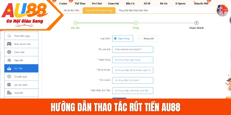 Hướng dẫn thao tác rút tiền AU88