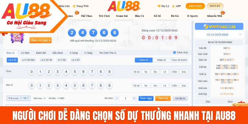 Người chơi dễ dàng chọn số dự thưởng nhanh tại AU88